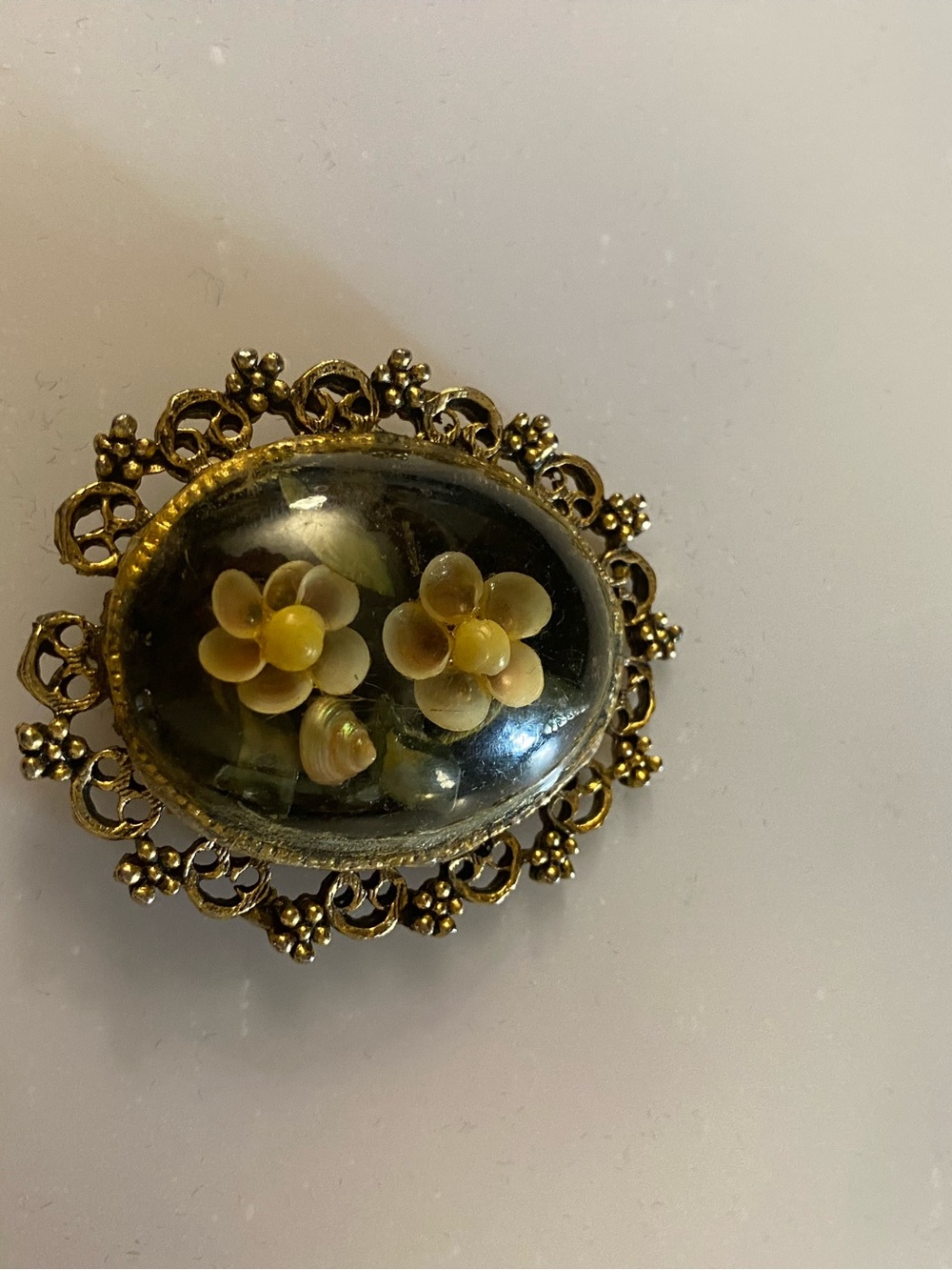 Vintage Floral Glass Cabochon Brooch in Gold Tone with Yellow Flowers